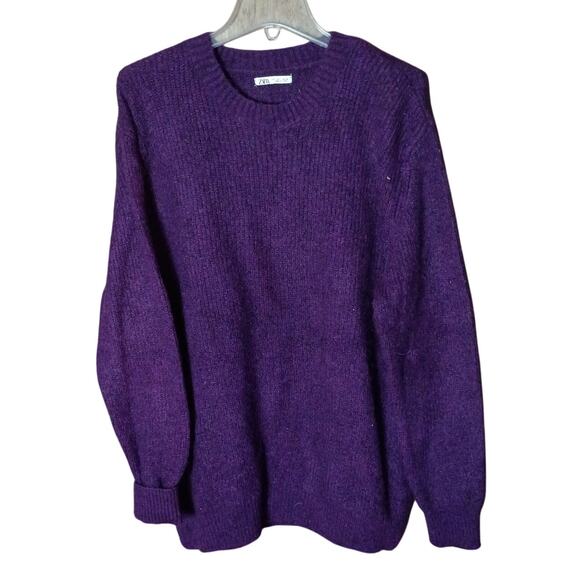 Zara Women Large Oversized Dark Purple Soft Knit Crew Neck Ski Sweater - Picture 1 of 3
